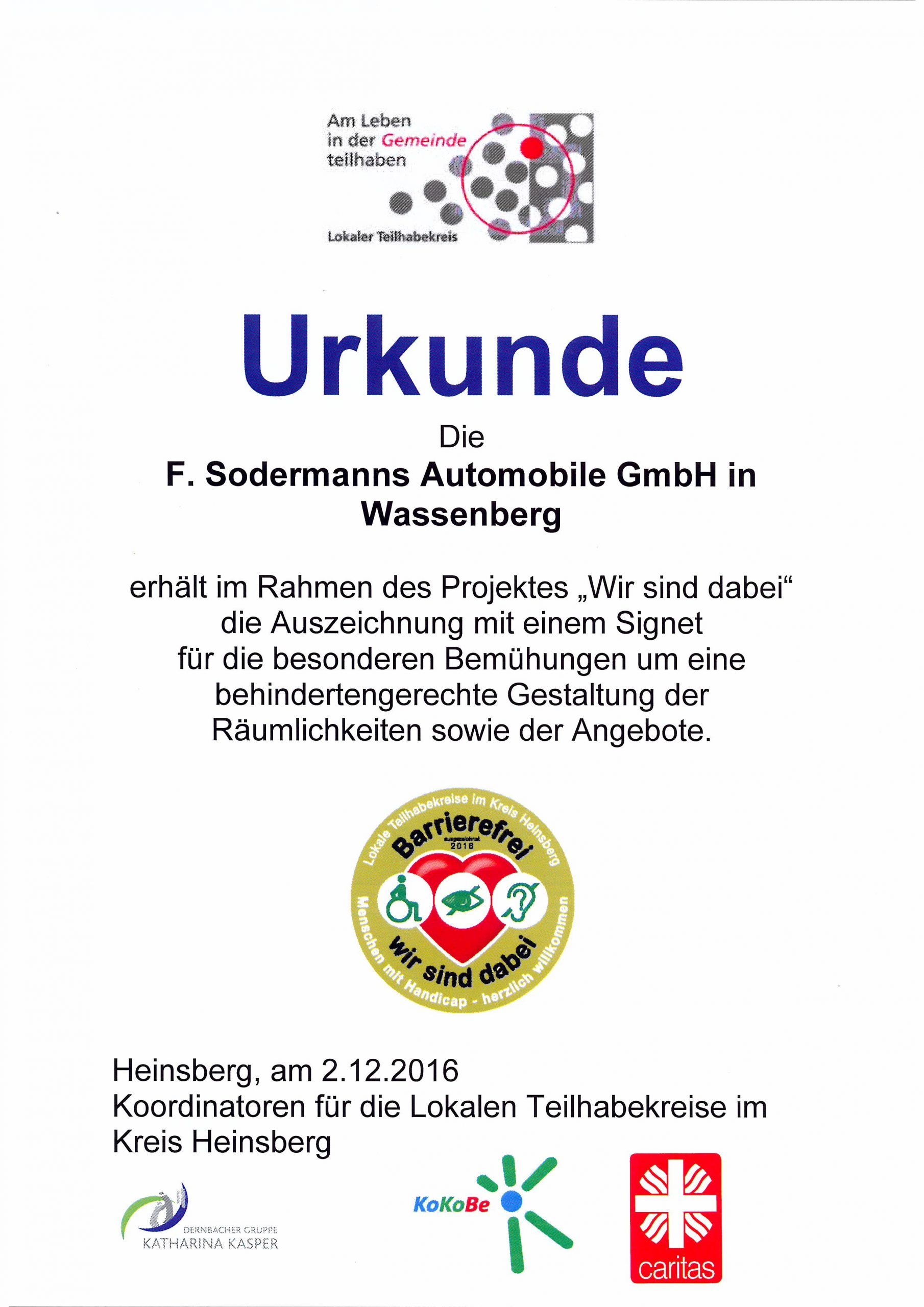 Barrierefreiheit Zertifikat, behindertengerechter Fahrzeugumbau mit Qualität, Sodermanns