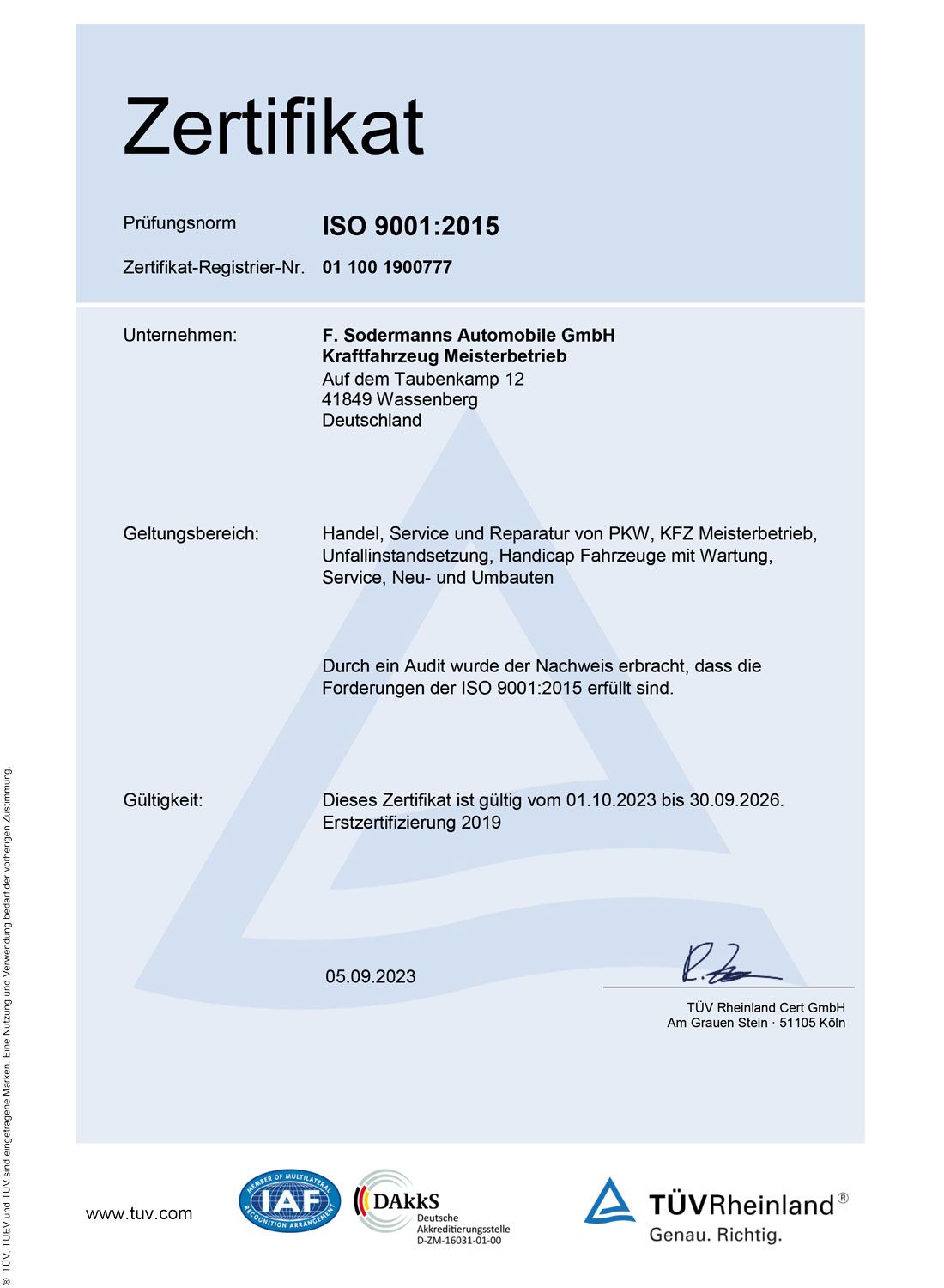 TÜV Zertifikat, behindertengerechter Fahrzeugumbau mit Qualität, Sodermanns