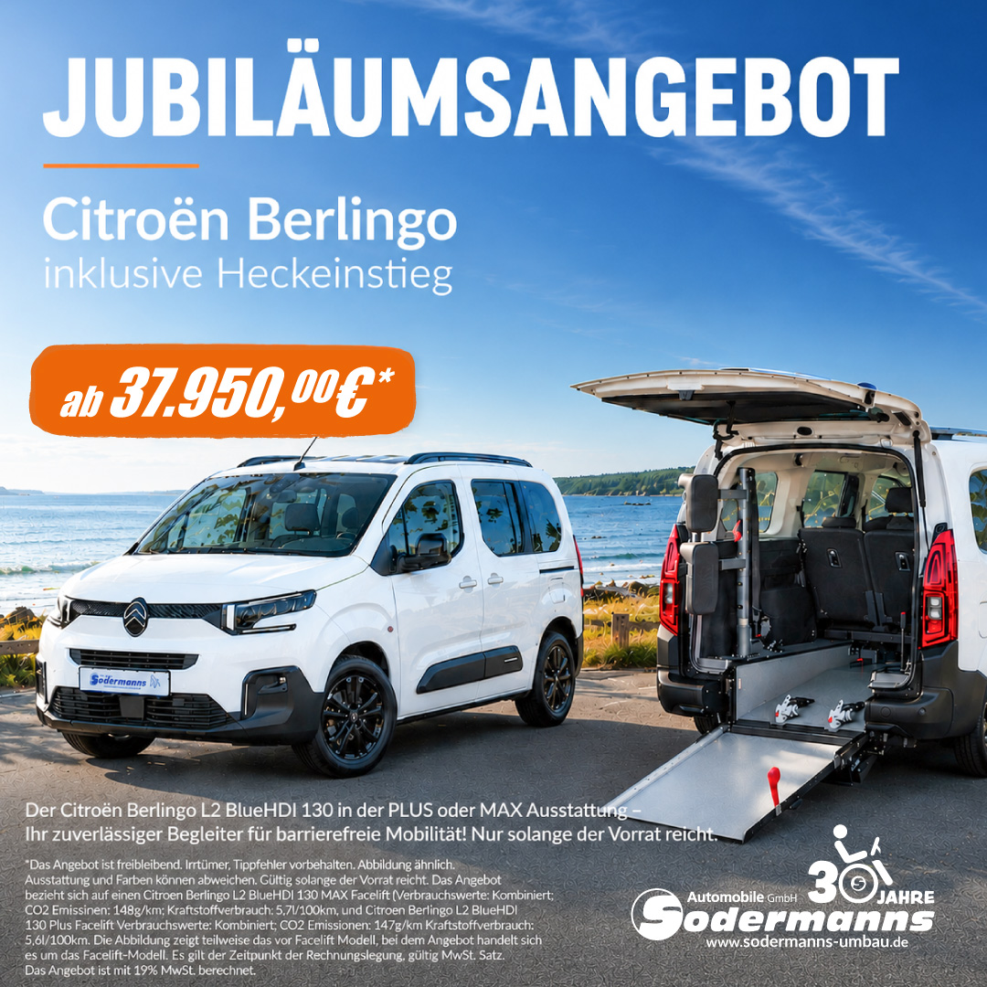 Anzeige-Berlingo-Heckeinstieg_2026_Küste_quadratisch Werbebild Jubiläumsangebot behindertengerechter Citroen Berlingo mit Heckeinstieg, 30 Jahre Sodermanns