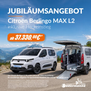 Werbebild Jubiläumsangebot behindertengerechter Citroen Berlingo mit Heckeinstieg, 30 Jahre Sodermanns