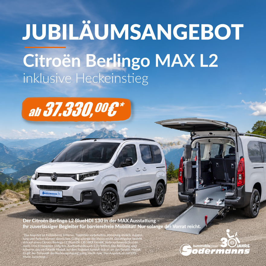 Anzeige-Berlingo-MAX-L2-Heckeinstieg_08_2026_Berge_quadrat_Autoscout Werbebild Jubiläumsangebot behindertengerechter Citroen Berlingo mit Heckeinstieg, 30 Jahre Sodermanns