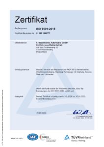 ISO 9001 2015 Zertifikat der F. Sodermanns Automobile GmbH, zertfifizierter behindertengerechter Fahrzeugumbau mit Qualität