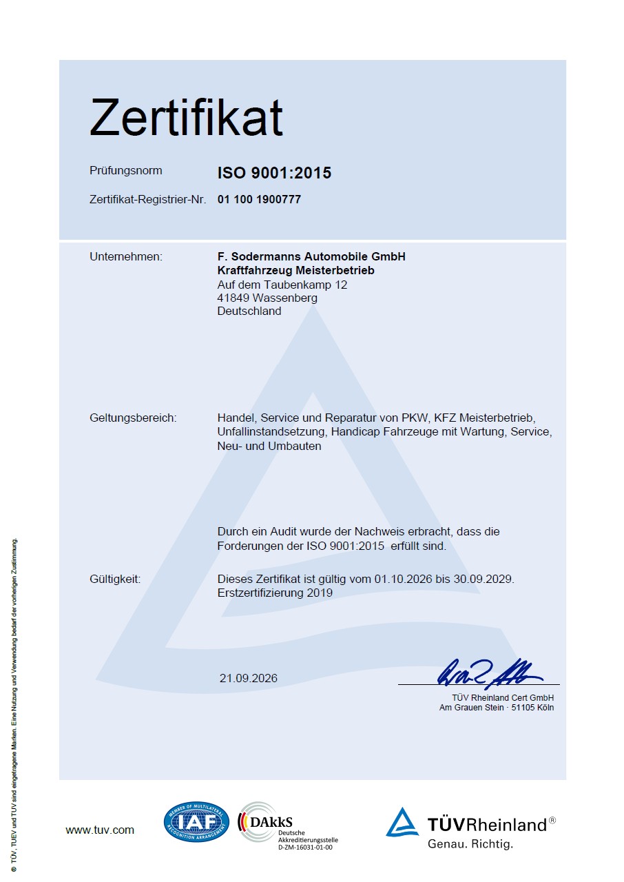 ISO 9001 2015 Zertifikat der F. Sodermanns Automobile GmbH, zertfifizierter behindertengerechter Fahrzeugumbau mit Qualität