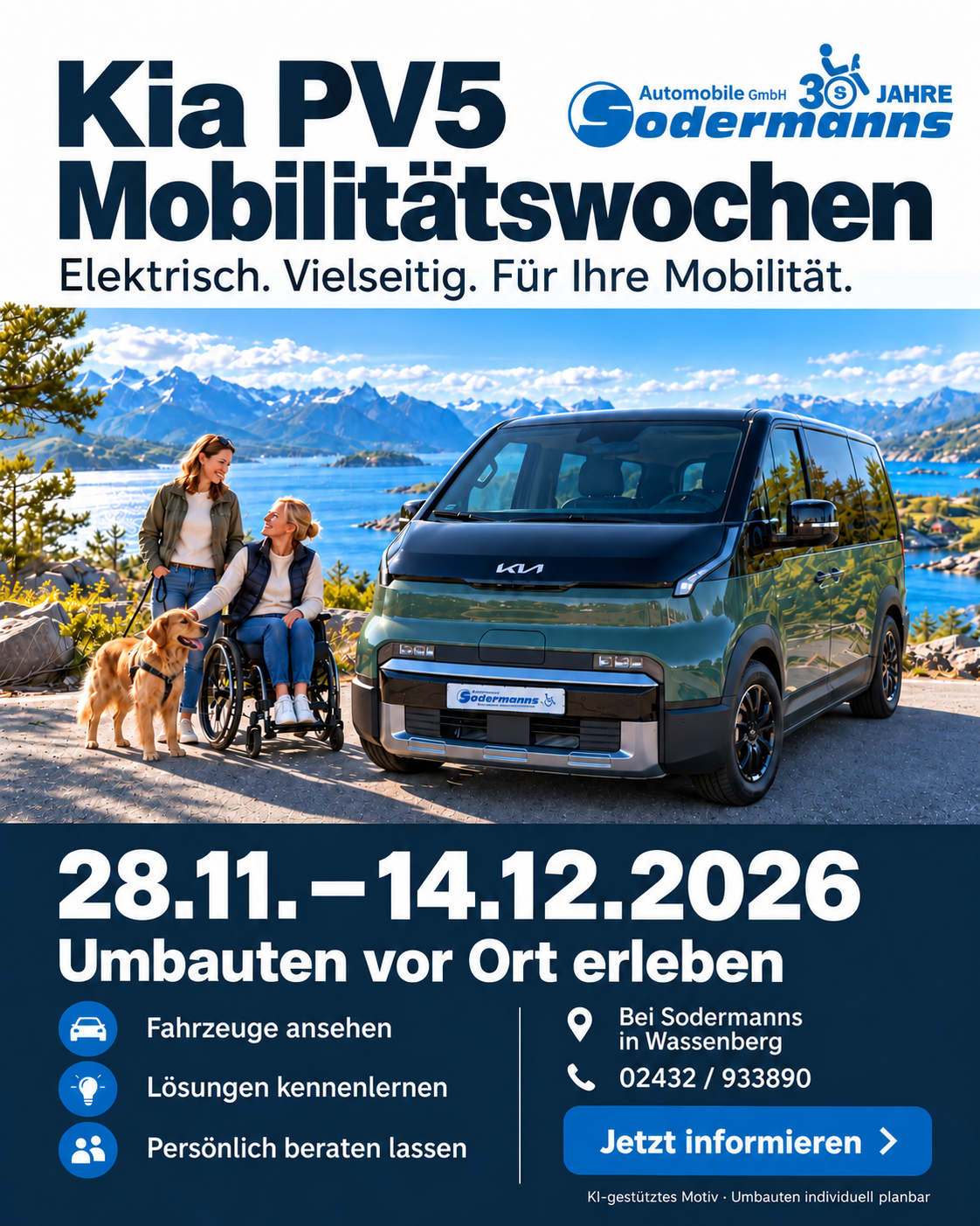 01_Kia-PV5-Mobilitaetswochen-Social-mit-Logo Kia PV5 Mobilitätswochen bei Sodermanns, quadratisches Ankündigungsbild mit KI gestützter Illustration eines Kia PV5 in der Frontansicht neben zwei Frauen mit Hund, Rollstuhlfahrerin