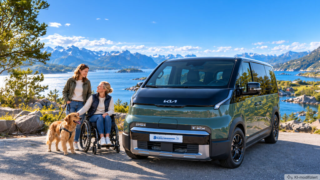 KIA-PV5-Front-mit-Hund-und-Rollifahrerin Kia PV5 Frontansicht in malerischer Küstengegend, zwei Frauen mit Hund sind neben dem Fahrzeug, eine Frau sitzt im Rollstuhl, KI modifiziert