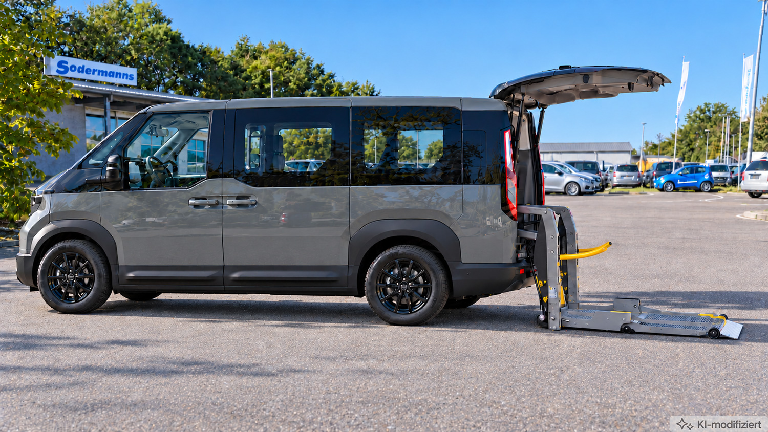 behindertengerechter KIA PV5 in der Seitenansicht mit Hecklift für Rollstuhlfahrer, KI modifiziertes Bild