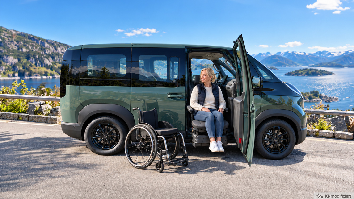 behindertengerechter-KIA-PV5-Hubschwenksitz Behindertengerechter KIA PV5 mit Turny Evo Hub- Schwenksitz auf der Beifahrerseite, KI modifiziertes Bild